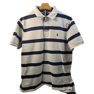 Polo Ralph Lauren Mens XL Custom Fit Striped Polo Shirt White Navy Blue Short Sl